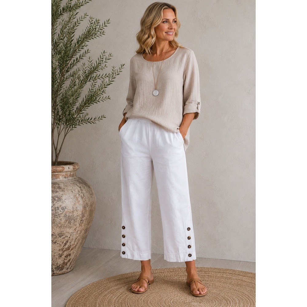 John Mark Linen Blend Lined Crop Pants White Button Hem Lagenlook Small